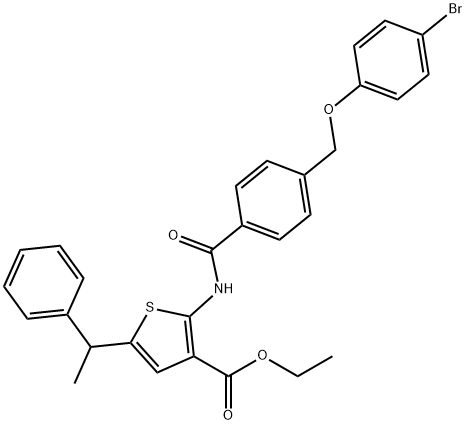 ethyl 2-({4-[(4-bromophenoxy)methyl]benzoyl}amino)-5-(1-phenylethyl)-3-thiophenecarboxylate Structure