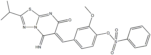 4-[(5-imino-2-isopropyl-7-oxo-5H-[1,3,4]thiadiazolo[3,2-a]pyrimidin-6(7H)-ylidene)methyl]-2-methoxyphenyl benzenesulfonate Struktur