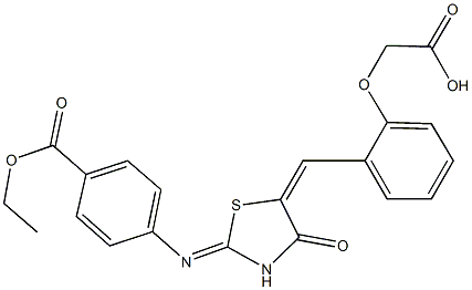 {2-[(2-{[4-(ethoxycarbonyl)phenyl]imino}-4-oxo-1,3-thiazolidin-5-ylidene)methyl]phenoxy}acetic acid Struktur