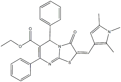 ethyl 3-oxo-5,7-diphenyl-2-[(1,2,5-trimethyl-1H-pyrrol-3-yl)methylene]-2,3-dihydro-5H-[1,3]thiazolo[3,2-a]pyrimidine-6-carboxylate Struktur