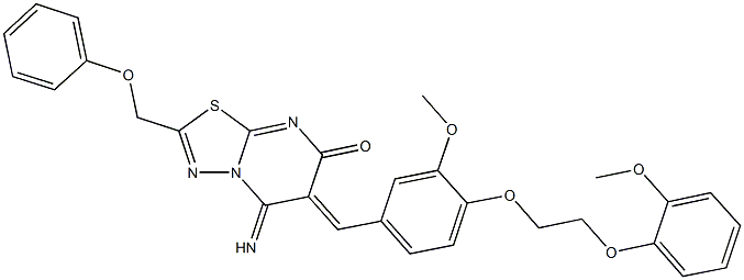 5-imino-6-{3-methoxy-4-[2-(2-methoxyphenoxy)ethoxy]benzylidene}-2-(phenoxymethyl)-5,6-dihydro-7H-[1,3,4]thiadiazolo[3,2-a]pyrimidin-7-one Struktur