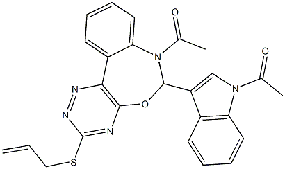 7-acetyl-6-(1-acetyl-1H-indol-3-yl)-3-(allylsulfanyl)-6,7-dihydro[1,2,4]triazino[5,6-d][3,1]benzoxazepine Struktur