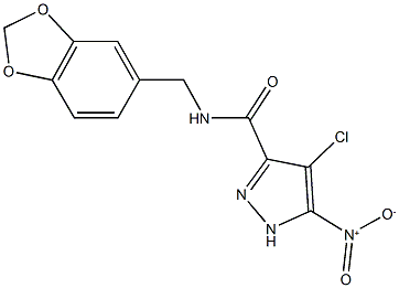 N-(1,3-benzodioxol-5-ylmethyl)-4-chloro-5-nitro-1H-pyrazole-3-carboxamide Struktur