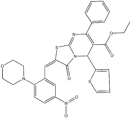 ethyl 2-[5-nitro-2-(4-morpholinyl)benzylidene]-3-oxo-7-phenyl-5-(2-thienyl)-2,3-dihydro-5H-[1,3]thiazolo[3,2-a]pyrimidine-6-carboxylate Struktur