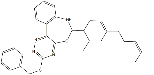 3-(benzylsulfanyl)-6-[6-methyl-4-(4-methyl-3-pentenyl)-3-cyclohexen-1-yl]-6,7-dihydro[1,2,4]triazino[5,6-d][3,1]benzoxazepine Struktur