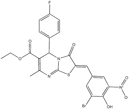 ethyl 2-{3-bromo-4-hydroxy-5-nitrobenzylidene}-5-(4-fluorophenyl)-7-methyl-3-oxo-2,3-dihydro-5H-[1,3]thiazolo[3,2-a]pyrimidine-6-carboxylate Struktur