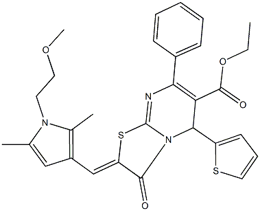 ethyl 2-{[1-(2-methoxyethyl)-2,5-dimethyl-1H-pyrrol-3-yl]methylene}-3-oxo-7-phenyl-5-(2-thienyl)-2,3-dihydro-5H-[1,3]thiazolo[3,2-a]pyrimidine-6-carboxylate Struktur