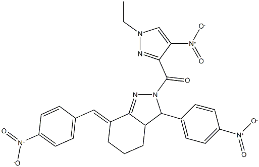 2-({1-ethyl-4-nitro-1H-pyrazol-3-yl}carbonyl)-7-{4-nitrobenzylidene}-3-{4-nitrophenyl}-3,3a,4,5,6,7-hexahydro-2H-indazole Structure