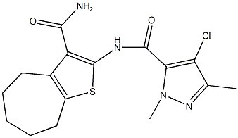 N-[3-(aminocarbonyl)-5,6,7,8-tetrahydro-4H-cyclohepta[b]thien-2-yl]-4-chloro-1,3-dimethyl-1H-pyrazole-5-carboxamide Struktur