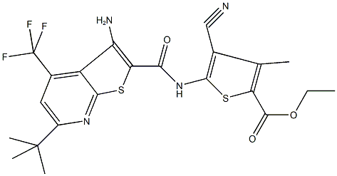 ethyl 5-({[3-amino-6-tert-butyl-4-(trifluoromethyl)thieno[2,3-b]pyridin-2-yl]carbonyl}amino)-4-cyano-3-methylthiophene-2-carboxylate Struktur