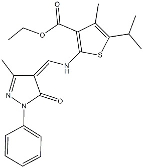 ethyl 5-isopropyl-4-methyl-2-{[(3-methyl-5-oxo-1-phenyl-1,5-dihydro-4H-pyrazol-4-ylidene)methyl]amino}-3-thiophenecarboxylate Struktur