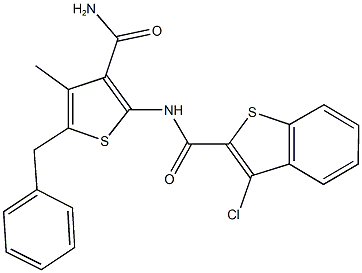 N-[3-(aminocarbonyl)-5-benzyl-4-methylthien-2-yl]-3-chloro-1-benzothiophene-2-carboxamide Struktur