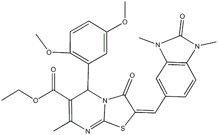ethyl 5-(2,5-dimethoxyphenyl)-2-[(1,3-dimethyl-2-oxo-2,3-dihydro-1H-benzimidazol-5-yl)methylene]-7-methyl-3-oxo-2,3-dihydro-5H-[1,3]thiazolo[3,2-a]pyrimidine-6-carboxylate Struktur