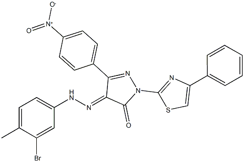 3-{4-nitrophenyl}-1-(4-phenyl-1,3-thiazol-2-yl)-1H-pyrazole-4,5-dione 4-[(3-bromo-4-methylphenyl)hydrazone] Structure