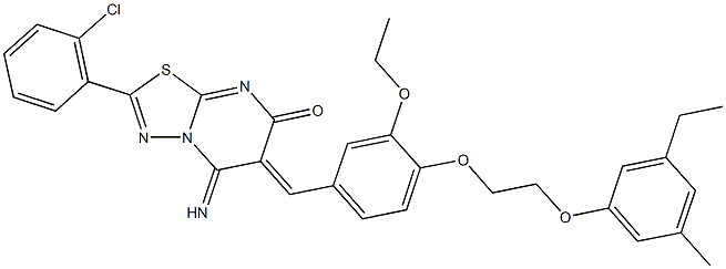 2-(2-chlorophenyl)-6-{3-ethoxy-4-[2-(3-ethyl-5-methylphenoxy)ethoxy]benzylidene}-5-imino-5,6-dihydro-7H-[1,3,4]thiadiazolo[3,2-a]pyrimidin-7-one Struktur
