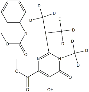 Methyl 2-[2-(benzyloxycarbonylamino)-(1,3-D6-propan)-2-yl]-5-hydroxy-1-(methyl-D3)-6-oxo-1,6-dihydropyrimidine-4-carboxylate Struktur
