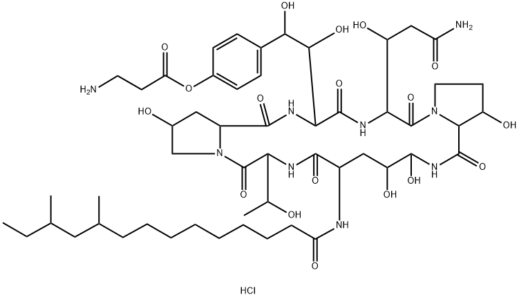 L-Proline, N-(10,12-dimethyl-1-oxotetradecyl)-(4R,5R)-4,5-dihydroxy-L-ornithyl-L-threonyl-trans-4-hydroxy-L-prolyl-(S)-4-hydroxy-4-(4-hydroxyphenyl)-L-threonyl-threo-3-hydroxy-L-glutaminyl-3-hydroxy-, cyclic (6>1)-peptide, 4-ester with b-alanine, monohydr Struktur