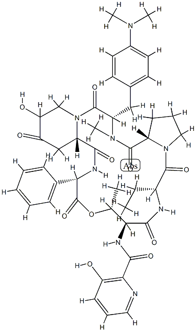 N-(3-Hydroxypicolinoyl)-cyclo[L-Thr*-D-Abu-L-Pro-4-(dimethylamino)-N-methyl-L-Phe-4-oxo-5-hydroxy-L-Hpr-L-phenyl Gly-] Structure