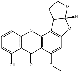 (3aR,12cS)-1,2,3a,12c-テトラヒドロ-8-ヒドロキシ-6-メトキシ-7H-フロ[3',2':4,5]フロ[2,3-c]キサンテン-7-オン 化学構造式