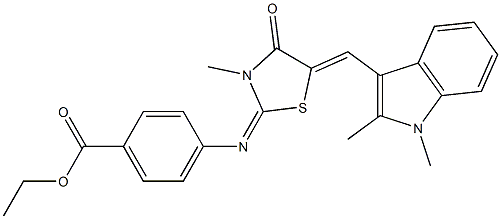 ethyl 4-({5-[(1,2-dimethyl-1H-indol-3-yl)methylene]-3-methyl-4-oxo-1,3-thiazolidin-2-ylidene}amino)benzoate Struktur