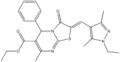 ethyl 2-[(1-ethyl-3,5-dimethyl-1H-pyrazol-4-yl)methylene]-7-methyl-3-oxo-5-phenyl-2,3-dihydro-5H-[1,3]thiazolo[3,2-a]pyrimidine-6-carboxylate Struktur