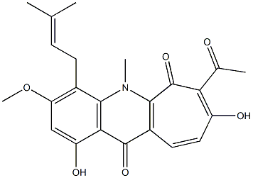 7-Acetyl-1,8-dihydroxy-3-methoxy-5-methyl-4-(3-methyl-2-butenyl)-5H-cyclohepta[b]quinoline-6,11-dione Structure