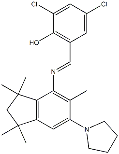 2,4-dichloro-6-{[(1,1,3,3,5-pentamethyl-6-tetrahydro-1H-pyrrol-1-yl-2,3-dihydro-1H-inden-4-yl)imino]methyl}phenol Struktur