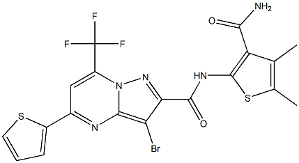 N-[3-(aminocarbonyl)-4,5-dimethyl-2-thienyl]-3-bromo-5-(2-thienyl)-7-(trifluoromethyl)pyrazolo[1,5-a]pyrimidine-2-carboxamide Struktur