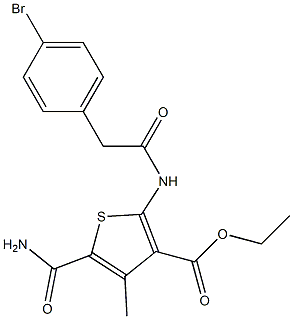 ethyl 5-(aminocarbonyl)-2-{[(4-bromophenyl)acetyl]amino}-4-methylthiophene-3-carboxylate Struktur