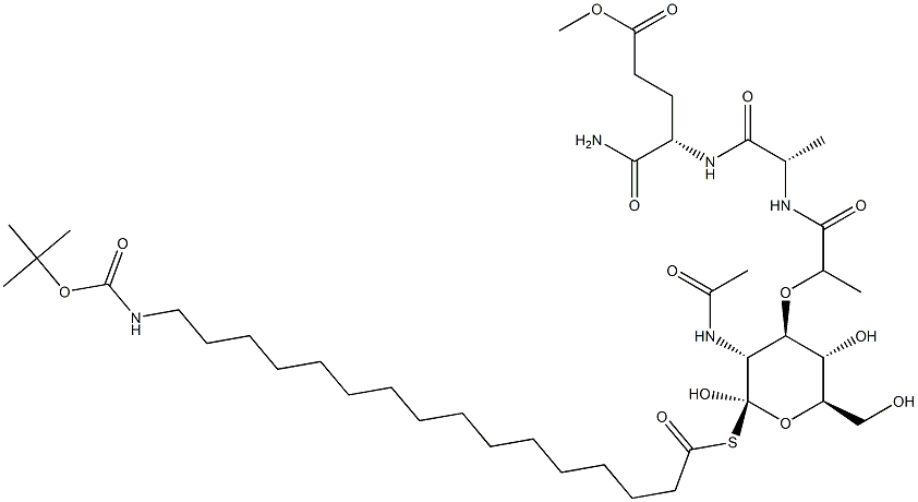 (4S)-4-[[N-[N-Acetyl-1-[[16-[[(tert-butoxy)carbonyl]amino]hexadecanoyl]thio]muramoyl]-L-alanyl]amino]-5-amino-5-oxopentanoic acid methyl ester Struktur