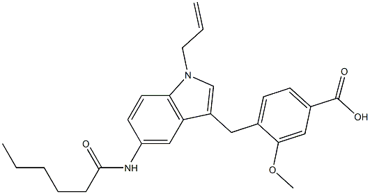 4-[5-ヘキサノイルアミノ-1-(2-プロペニル)-1H-インドール-3-イルメチル]-3-メトキシ安息香酸 化学構造式