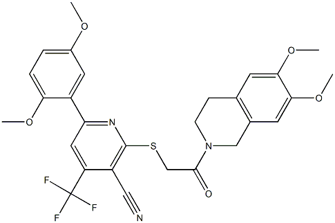 2-({2-[6,7-dimethoxy-3,4-dihydro-2(1H)-isoquinolinyl]-2-oxoethyl}sulfanyl)-6-(2,5-dimethoxyphenyl)-4-(trifluoromethyl)nicotinonitrile Struktur