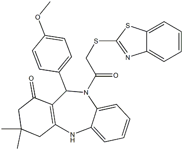 10-[(1,3-benzothiazol-2-ylsulfanyl)acetyl]-11-(4-methoxyphenyl)-3,3-dimethyl-2,3,4,5,10,11-hexahydro-1H-dibenzo[b,e][1,4]diazepin-1-one Structure