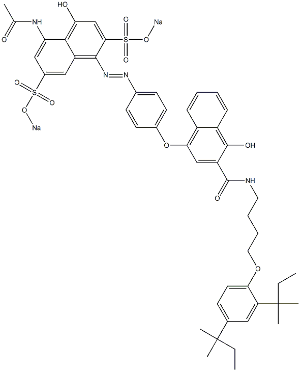 4-[4-[8-(Acetylamino)-1-hydroxy-3,6-bis(sodiosulfo)-4-naphtylazo]phenoxy]-N-[4-(2,4-di-tert-pentylphenoxy)butyl]-1-hydroxy-2-naphthamide Struktur