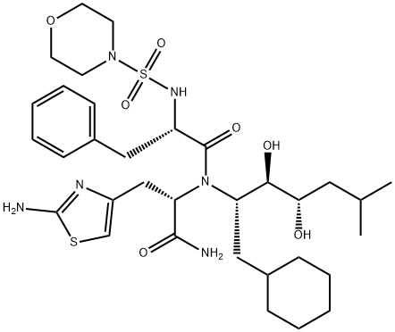 N-(モルホリノスルホニル)-L-Phe-3-(2-アミノチアゾール-4-イル)-L-Ala-[(1S,2R,3S)-1-(シクロヘキシルメチル)-2,3-ジヒドロキシ-5-メチルヘキシル]NH2 化学構造式
