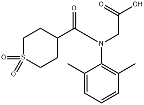 2-(N-(2,6-dimethylphenyl)-1,1-dioxidotetrahydro-2H-thiopyran-4-carboxamido)acetic acid Struktur