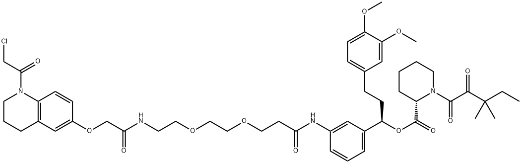 2-Piperidinecarboxylic acid, 1-(3,3-dimethyl-1,2-dioxopentyl)-, (1R)-1-[3-[[3-[2-[2-[[2-[[1-(2-chloroacetyl)-1,2,3,4-tetrahydro-6-quinolinyl]oxy]acetyl]amino]ethoxy]ethoxy]-1-oxopropyl]amino]phenyl]-3-(3,4-dimethoxyphenyl)propyl ester, (2S)-|KB02-SLF