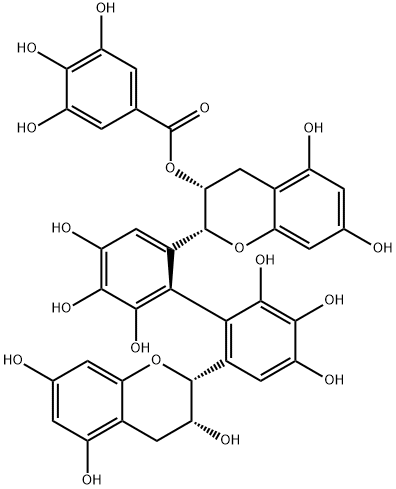 Benzoic acid, 3,4,5-trihydroxy-, (2R,3R)-2-[(1R)-6'-[(2R,3R)-3,4-dihydro-3,5,7-trihydroxy-2H-1-benzopyran-2-yl]-2',3',4,4',5,6-hexahydroxy[1,1'-biphenyl]-2-yl]-3,4-dihydro-5,7-dihydroxy-2H-1-benzopyran-3-yl ester Struktur