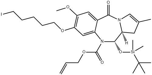 1H-Pyrrolo[2,1-c][1,4]benzodiazepine-10(5H)-carboxylic acid, 11-[[(1,1-dimethylethyl)dimethylsilyl]oxy]-11,11a-dihydro-8-[(5-iodopentyl)oxy]-7-methoxy-2-methyl-5-oxo-, 2-propen-1-yl ester, (11S,11aS)- Struktur