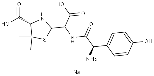 (4S)-2-(((R)-2-Amino-2-(4-hydroxyphenyl)acetamido)(carboxy)methyl)-5,5-dimethylthiazolidine-4-carboxylic acid, Sodium Salt Struktur