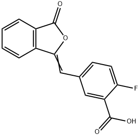 Benzoic acid, 2-fluoro-5-[(3-oxo-1(3H)-isobenzofuranylidene)methyl]- Struktur