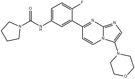 1-Pyrrolidinecarboxamide, N-[4-fluoro-3-[3-(4-morpholinyl)imidazo[1,2-a]pyrimidin-7-yl]phenyl]- Struktur