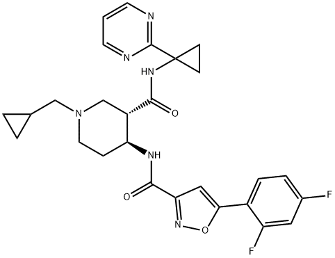 3-Piperidinecarboxamide, 1-(cyclopropylmethyl)-4-[[[5-(2,4-difluorophenyl)-3-isoxazolyl]carbonyl]amino]-N-[1-(2-pyrimidinyl)cyclopropyl]-, (3S,4S)- Structure