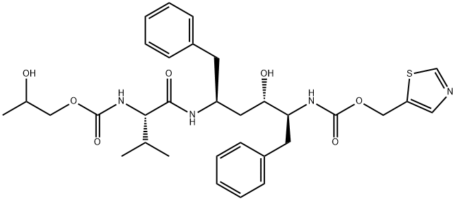 12-Oxa-2,7,10-triazapentadecanoic acid, 4,14-dihydroxy-9-(1-methylethyl)-8,11-dioxo-3,6-bis(phenylmethyl)-, 5-thiazolylmethyl ester, (3S,4S,6S,9S)- Structure