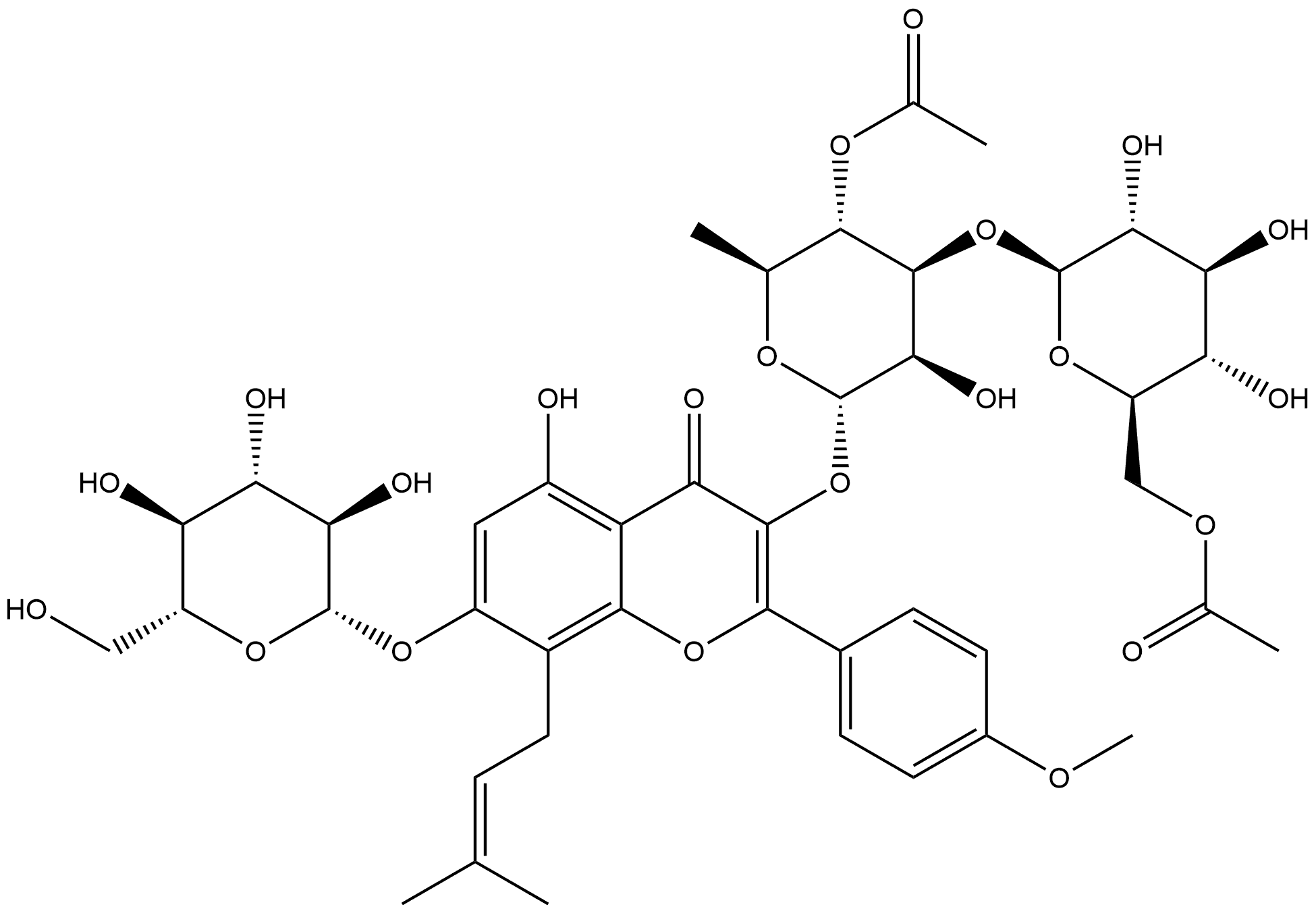 4H-1-Benzopyran-4-one, 3-[[4-O-acetyl-3-O-(6-O-acetyl-β-D-glucopyranosyl)-6-deoxy-α-L-mannopyranosyl]oxy]-7-(β-D-glucopyranosyloxy)-5-hydroxy-2-(4-methoxyphenyl)-8-(3-methyl-2-buten-1-yl)-|化合物 Epimedokoreanoside I