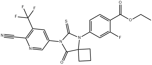 Benzoic acid, 4-[7-[6-cyano-5-(trifluoromethyl)-3-pyridinyl]-8-oxo-6-thioxo-5,7-diazaspiro[3.4]oct-5-yl]-2-fluoro-, ethyl ester Structure