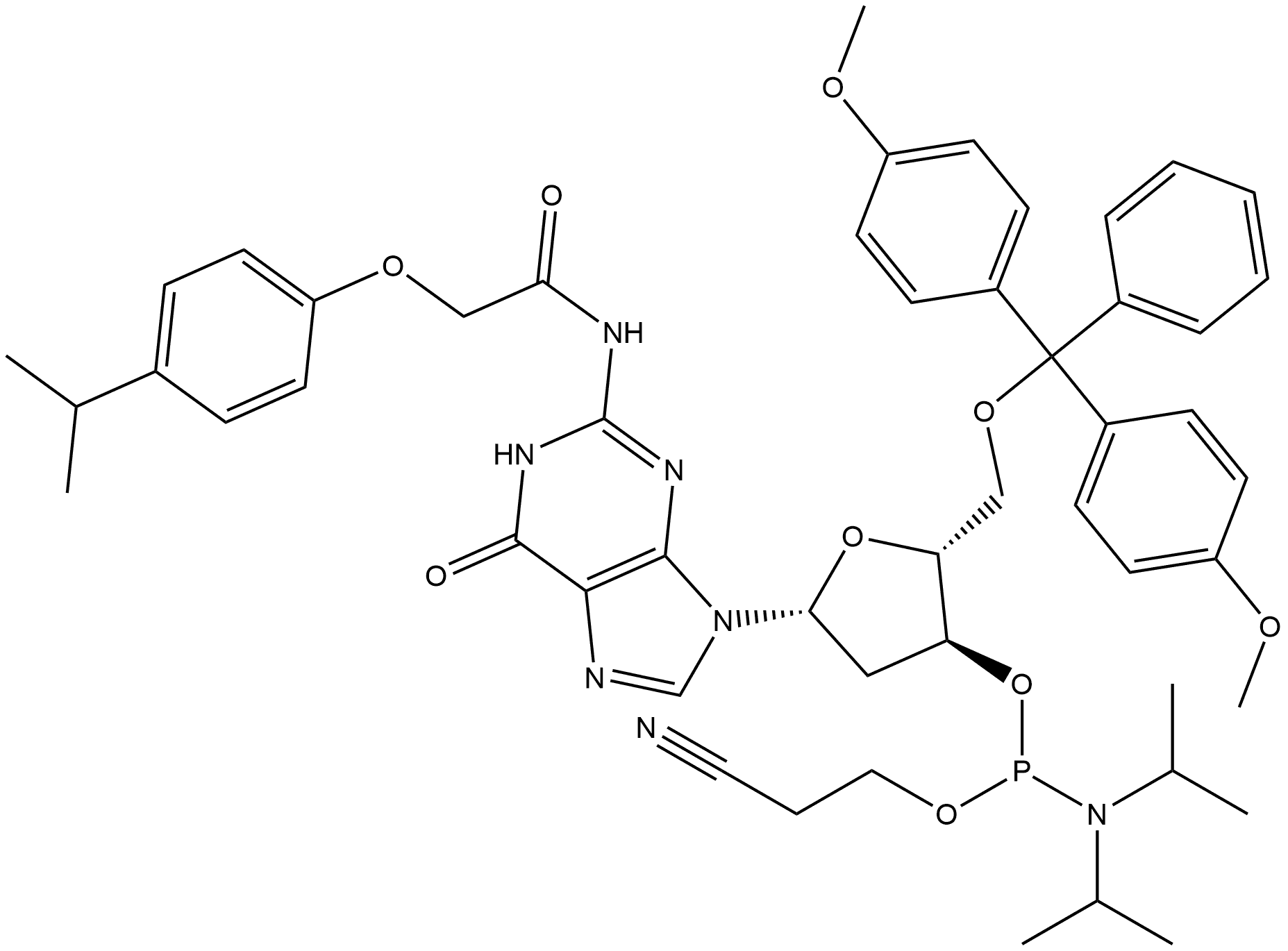 5'-Dimethoxytrityl-N-p-isopropyl-phenoxyacetyl-2'-deoxyGuanosine, 3'-[(2-cyanoethyl)-(N,N-diisopropyl)]-phosphoramidite Struktur