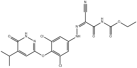 Carbamic acid, N-[(2Z)-2-cyano-2-[2-[3,5-dichloro-4-[[1,6-dihydro-5-(1-methylethyl)-6-oxo-3-pyridazinyl]oxy]phenyl]hydrazinylidene]acetyl]-, ethyl ester Struktur