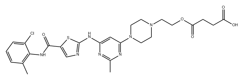 Butanedioic acid, 1-[2-[4-[6-[[5-[[(2-chloro-6-methylphenyl)amino]carbonyl]-2-thiazolyl]amino]-2-methyl-4-pyrimidinyl]-1-piperazinyl]ethyl] ester Struktur
