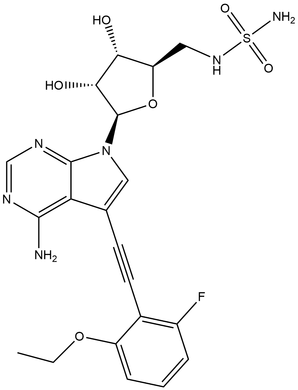 7H-Pyrrolo[2,3-d]pyrimidin-4-amine, 7-[5-[(aminosulfonyl)amino]-5-deoxy-β-D-ribofuranosyl]-5-[2-(2-ethoxy-6-fluorophenyl)ethynyl]-|TAS4464